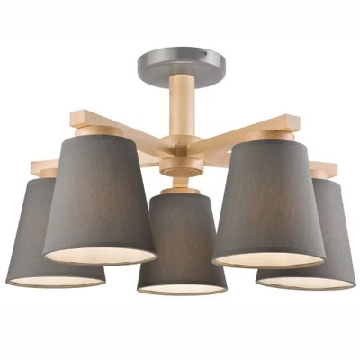 Deckenlampe Grau Ø50cm Modern Stoff Holz 5-flammig Flur Wohnzimmer Deckenleuchte - Bild 1 von 4