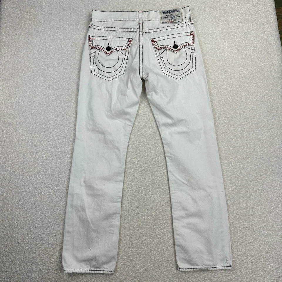 True Religion Straight Jeans Mens Size 32x34 White Thick Stitch Embroidered Flap - Image 2 of 4