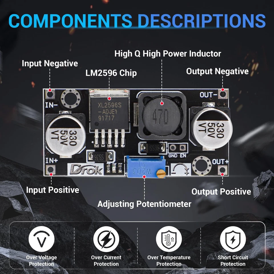 DROK 5 Pcs DC Step Down Variable Voltage Regulator 36V to 24V 12V 5V 3.3V 3V - Image 2 of 4