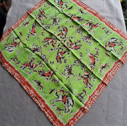 Vintage Silk Hand Stitched Western Cowboy Rodeo Bandana Green Orange Wild Rag