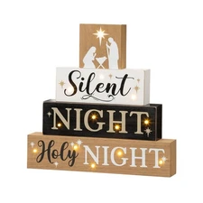Glitzhome Lighted Wooden Nativity Block Sign, 12" Multicolor