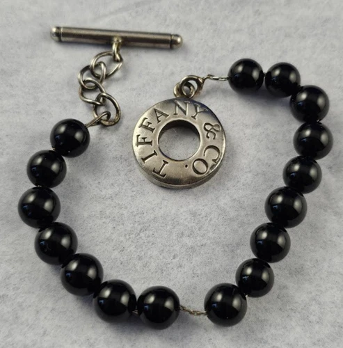 Tiffany & Co. Black Onyx Beaded Sterling 925 Bracelet Toggle Clasp 16 Beads Vtg.