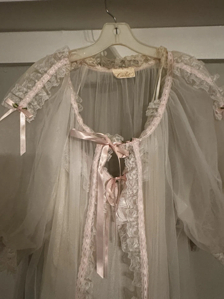 Vintage 70s 80s Sears Cachet Cottagecore Pink Lace Sheer Peignoir Slip Set L - Image 3 of 4