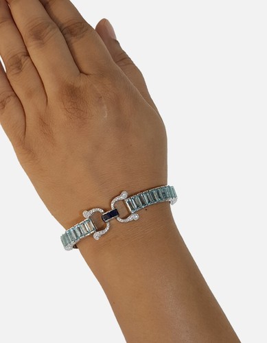 Lab Sapphire & Lab Aquamarine Tennis Bracelet 925 Sterling Silver Art Deco Jewel - Picture 2 of 2