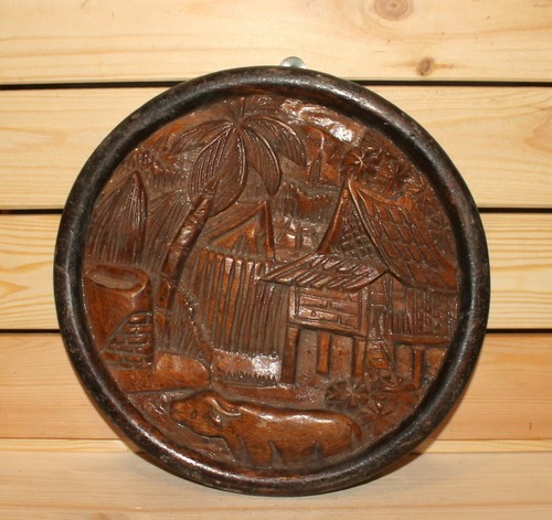Vintage hand carved wood wall hanging plate rural landscape - Picture 2 of 7