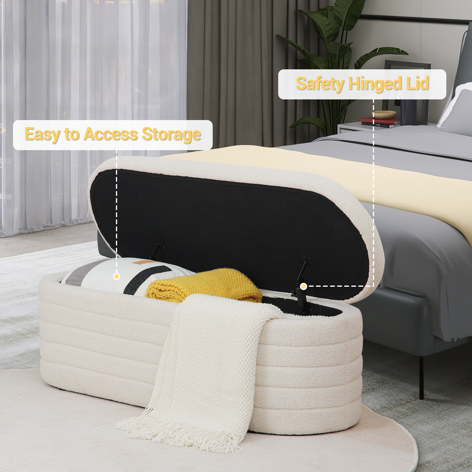 Teddy Sherpa Storage Ottoman Bench, Upholstered Window Bench for Living Room