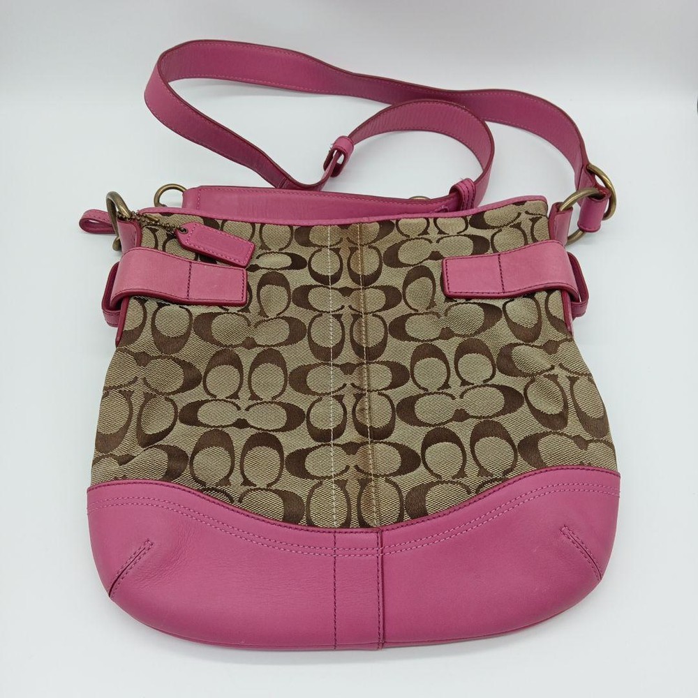Coach Canvas Shoulder Bag Auth Brown Pink Medium Women US