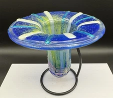 Fused Art Glass Drop Vase w/ Stand, Vibrant Blue Green Colors, 5" tall