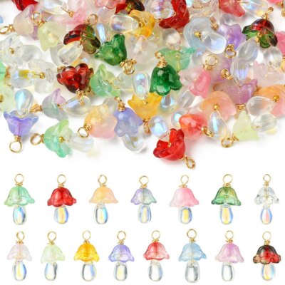 60pcs Crystal Glass Mushroom Flower Teardrop Beads Charm Pendants Jewelry Making