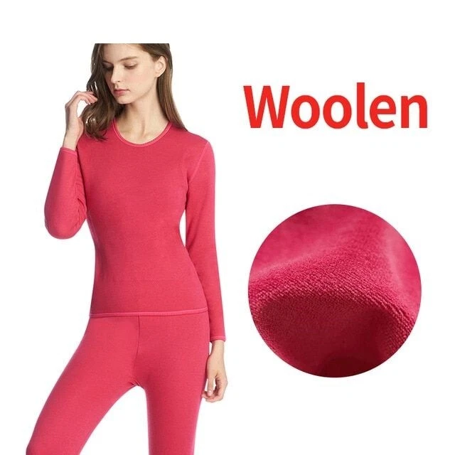 Womens Long Johns Thermal Underwear Set Wool Thick Plus Velvet Winter Warm  Cloth