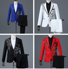 Men Sequin Embroidered Appliqu  Suit Jacket Pants Dinner Wedding Prom Dress Sets
