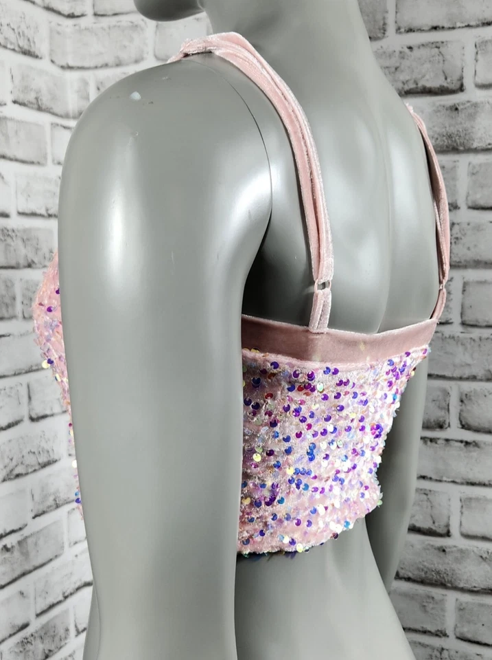 Top Allegra K Cami Para Mujer XS Rosa Claro Terciopelo Lentejuelas Corturas de Espagueti Foto 4 de 4