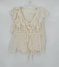 Hanii Y Womens Ivory Ruffle V Neck Cap Sleeve Tulip Hem Blouse Top Sz 42