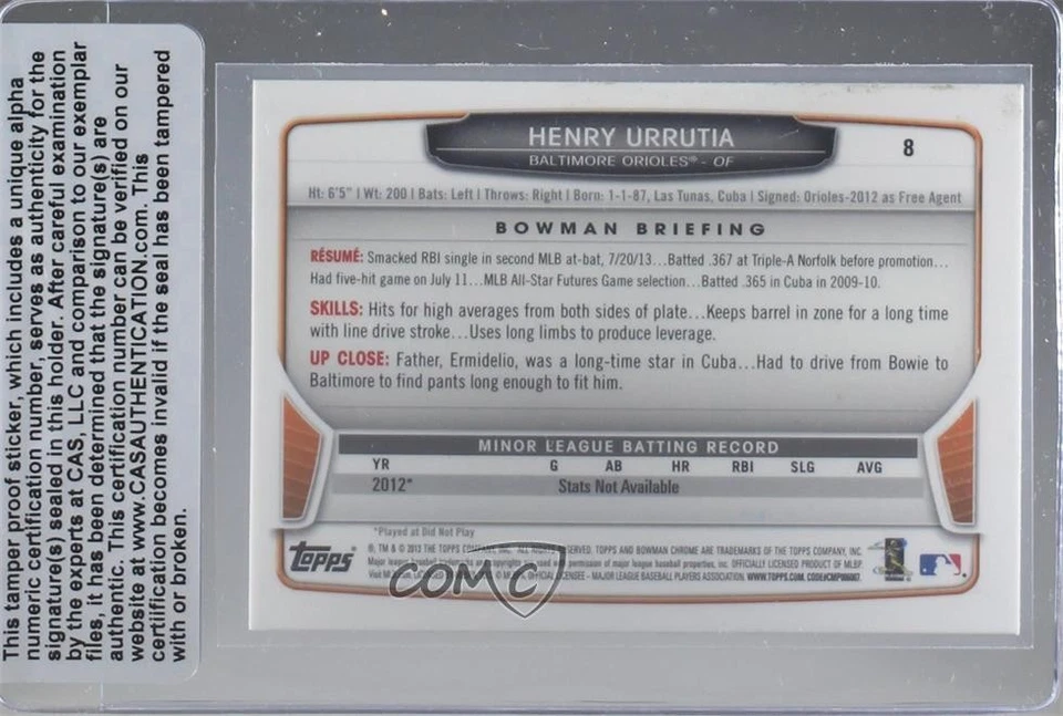 CAS Certified 2013 Bowman Draft Chrome Henry Urrutia #8 Sealed Auto Rookie RC - Image 2 of 2