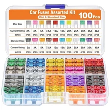 100Pcs Car Fuses Assorted Kit Van Bike Auto Mini & Standard Blade Fuse 2-40A Box
