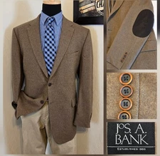 Jos A Bank Blazer Men 46R Elbow Patch Sport Jacket Brown 100% Wool Tailored Fit