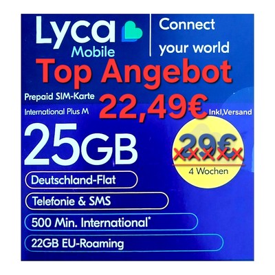 Sim karte Prepaid Lycamobile Inklusive 25Gb + 500 Min Anruf International Plus M