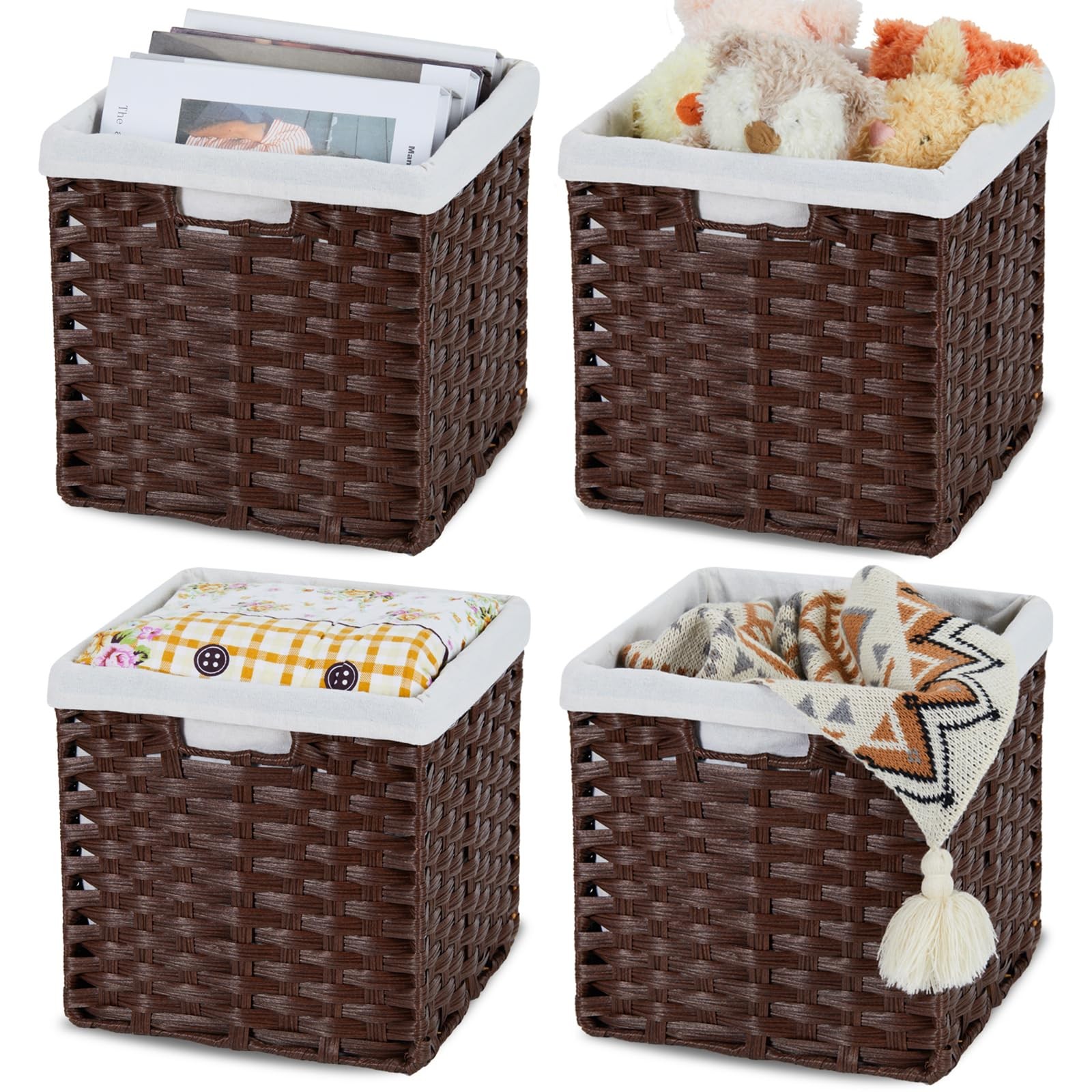 Woven 11x11 Inch Wicker Cube Storage Bins with Fabric Liners