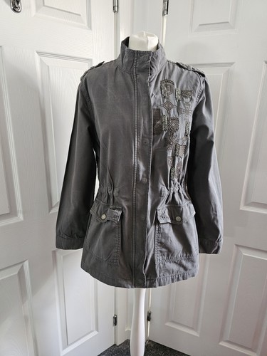 Mint Velvet Khaki Embellished Embroidered Medals Military Jacket Size 14 - Picture 6 of 13