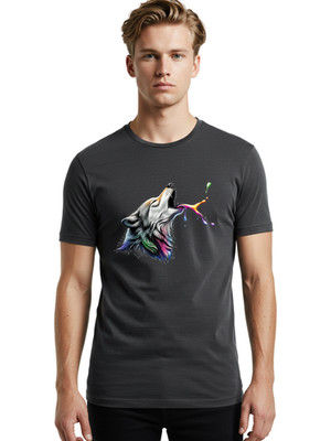 Rainbow-Wolf-Howling Mens Graphic Tee, 100% Cotton, Casual Summer Wear