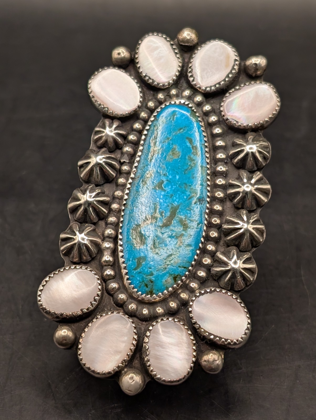 HUGE TURQUOISE & MOP STATEMENT RING STERLING & NI… - image 1