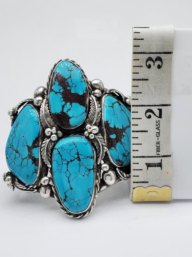 925 Solid Silver Cabochon Cut Turquoise Cuff Brac… - image 7