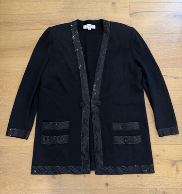 St. John Women s Black Knit Sequin V-Neck Long Sleeve Cardigan Sweater 10