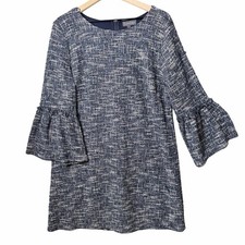 Luxology Shift Dress Navy Blue White Bell Sleeve Round Neck Career Womens L
