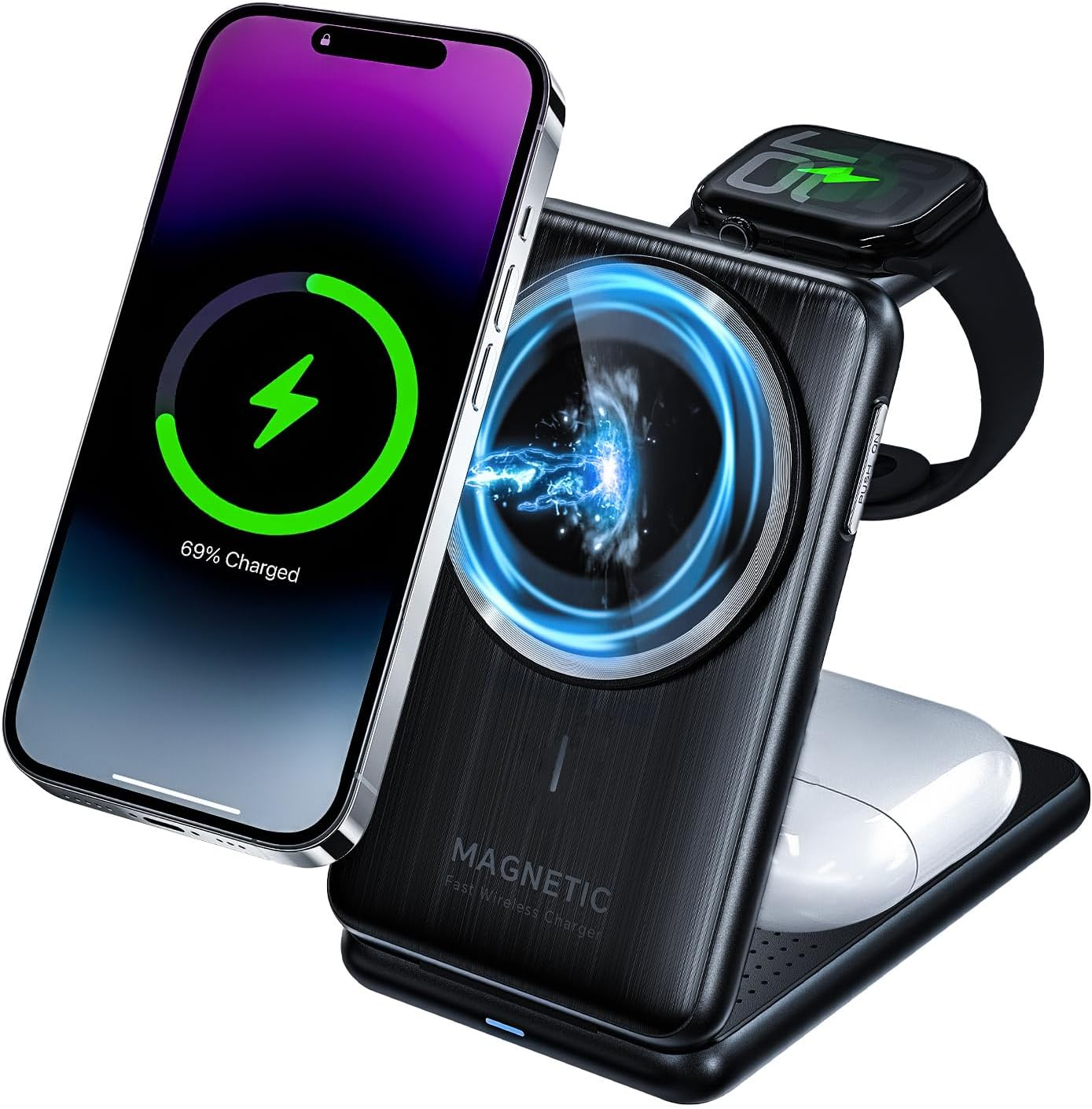Upgraded 3-In-1 Magnetic Wireless Charger, Foldable Charging Station, Electromag