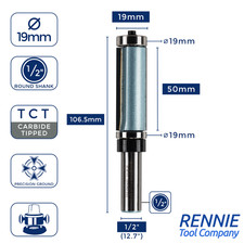19mm x 50mm Flute (1/2" Shank) Flush Trim TCT Router Bit With Bearing