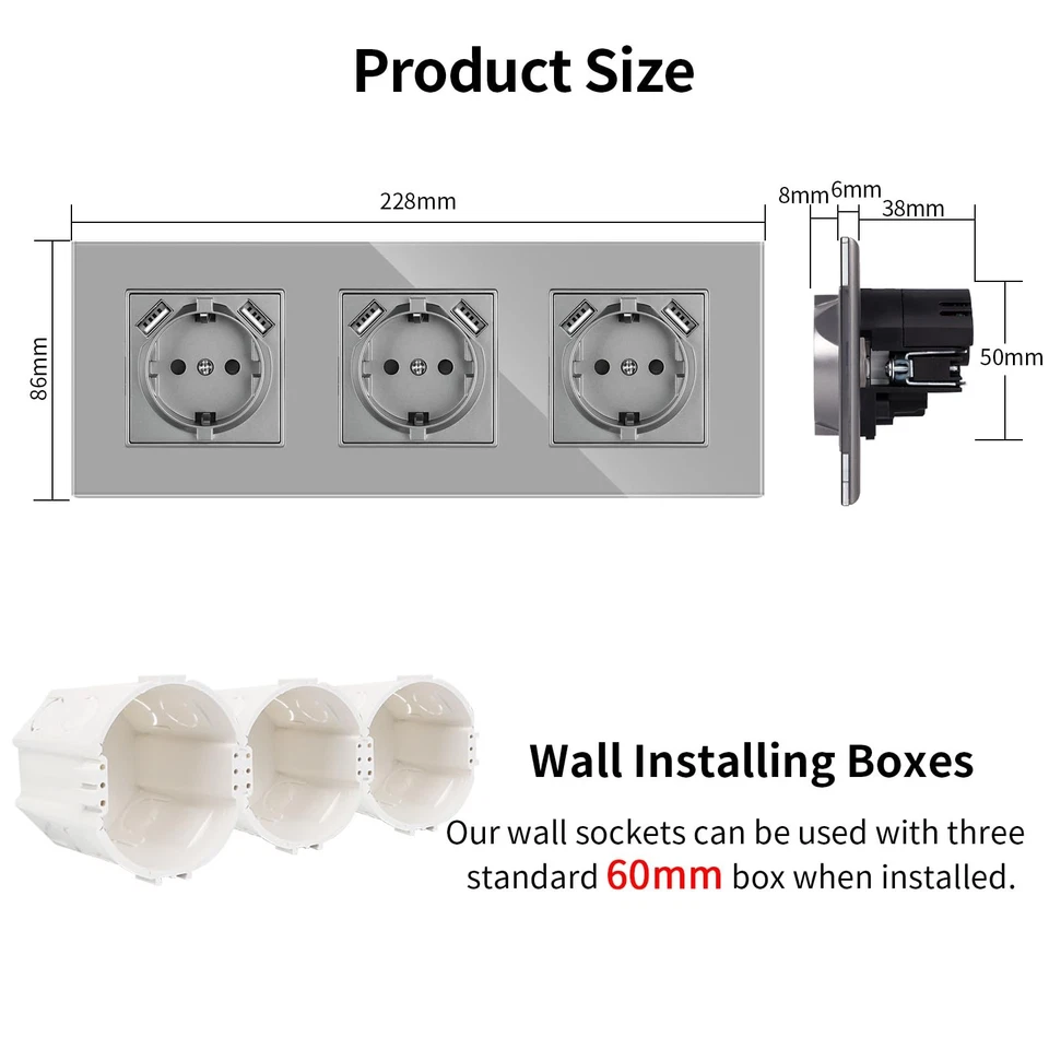 JIMEIDA Enchufes Dobles con USB en Gris Enchufes de Vidrio de 16Amp con Carga - Imagen 2 de 4
