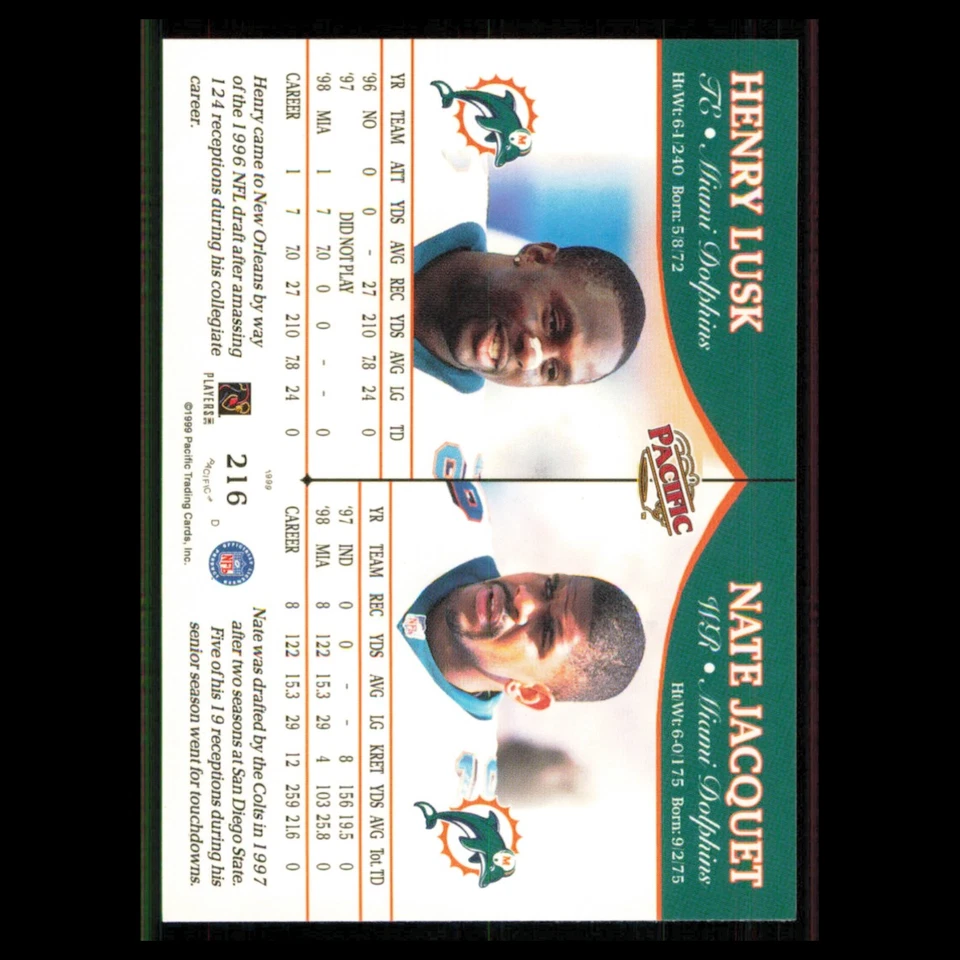 Henry Lusk Nate Jacquet #216 1999 Pacific Miami Dolphins Football Card NFL NM - Image 2 of 3