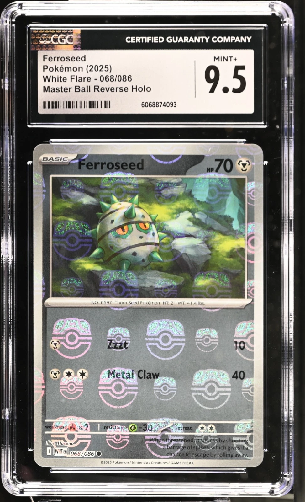 2025 Pokemon Ferroseed White Flare 068/086 Master Ball Reverse Holo CGC 9.5 Mint+