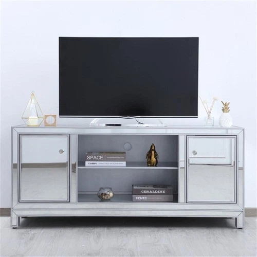 Elegant Decor Modern 60" Mirrored TV Stand in Distressed Antique Silver - Picture 7 of 10