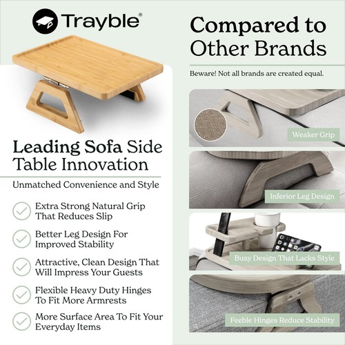 Bamboo Trayble Couch Arm Table, Clip On Tray Sofa Table for Couches. Sofa Arm... - Picture 4 of 9