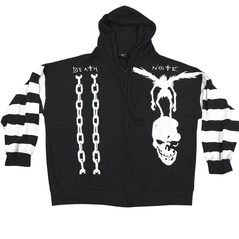 Death Note Ryuk Stripe Oversized Waffle Knit Hoodie Zip Up XL Black Anime Goth