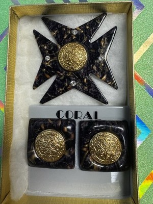 Vintage Cross Brooch & Square Earrings Set Faux Tortoise Gold Tone