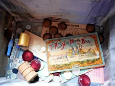 Vintage Sewing Box With Notions/Army Navy Needle Book (worn) vintage buttons