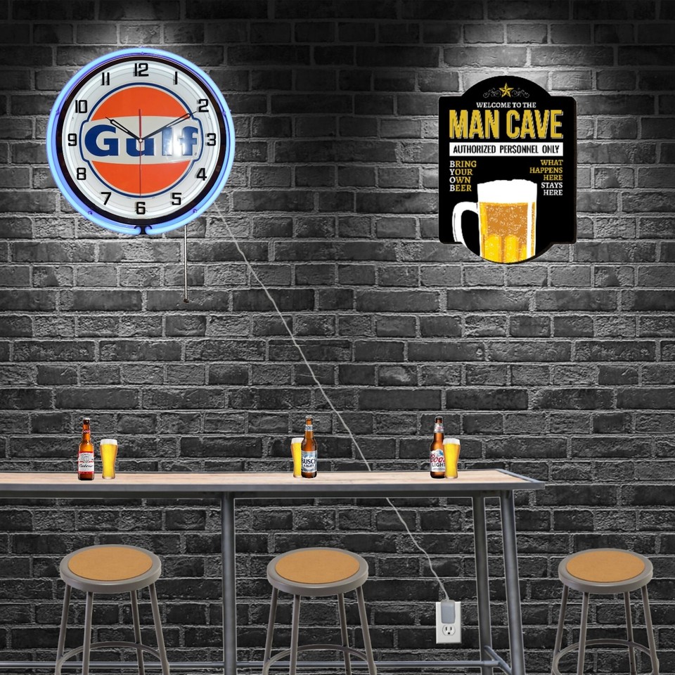 19" Gulf Oil Gasoline Station Logo Sign Double Neon Clock Garage Decor ...