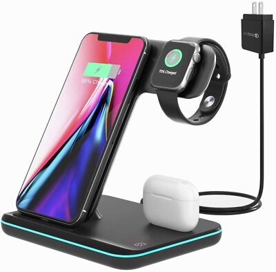 Techno S Fast 3 in 1 Wireless Dock Charging Station for Apple,Samsung + Adapter