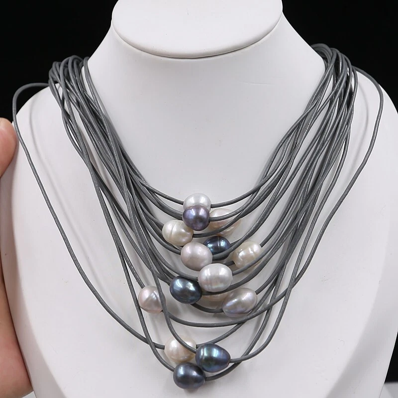 Collar Diseños Clásicos Multi Hilo Cuero Cordón 11mm Perla Natural 18" T455 Foto 2 de 4