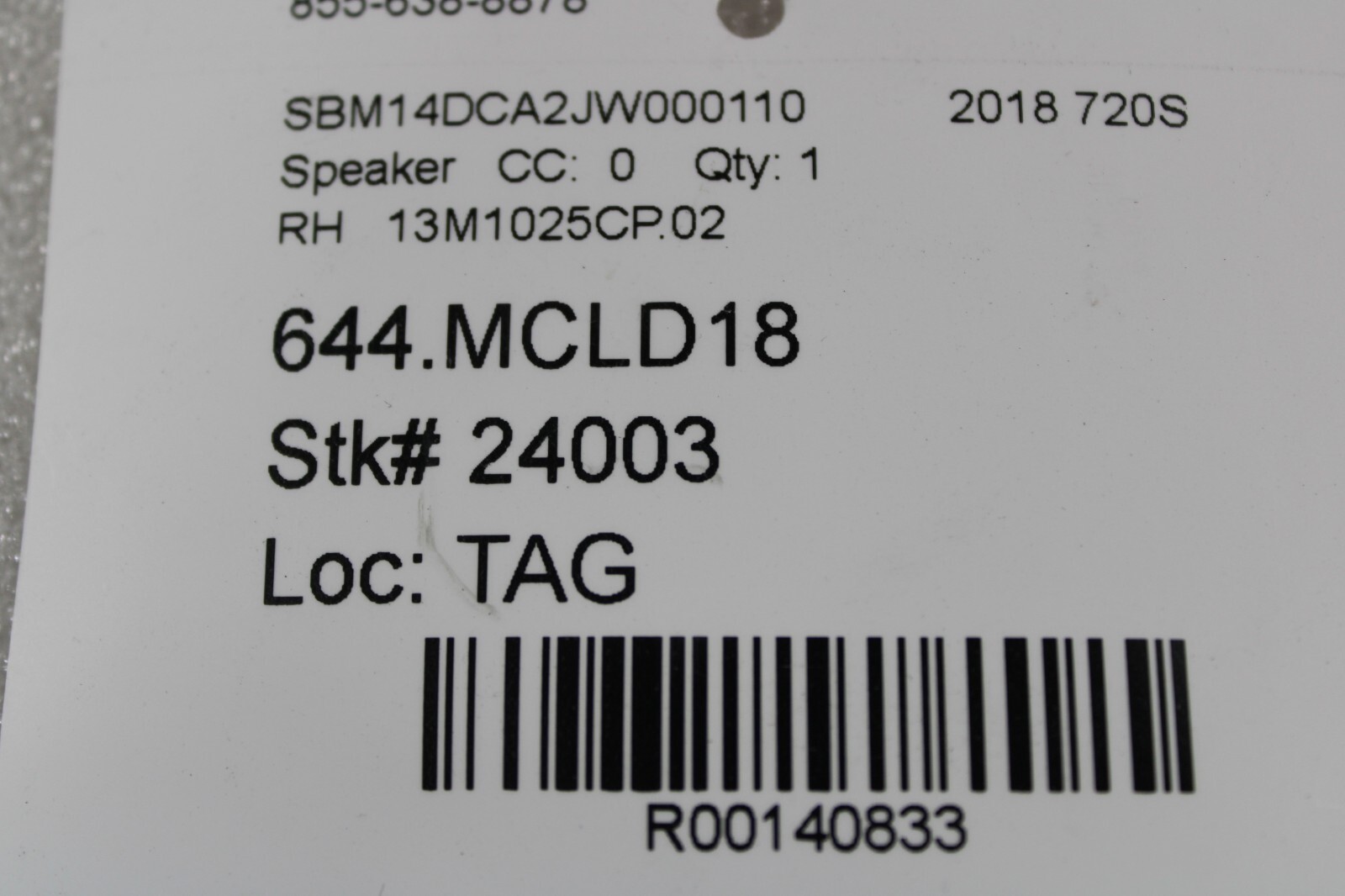 McLaren 720s, Upper Door Speaker, Used, P/N 13M1025CP