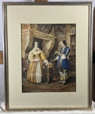 Watercolor XVIII-XIX Century Scene Of Life French Nobility Heraldic Coat Of Arms