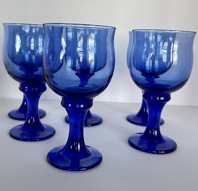 Retro Libbey Clarion Cobalt Blue Wine Water Glasses Stemware Barware MCM Set 6