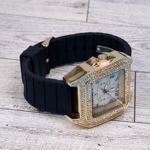 Montres Carlo Men's Hip Hop Rapper Luxury Stones Dress Wrist Watch Gold Finish - Picture 9 of 10