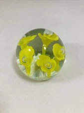 Vintage Maude & Bob St Clair Hand Blown Glass Paperweight Yellow Trumpets 1971