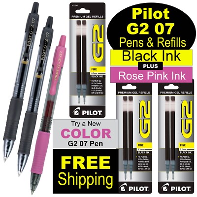 Pilot G2 07 Pens 31020 Black & 18349 Rose Pink Plus 77240 Black Gel Ink Refills