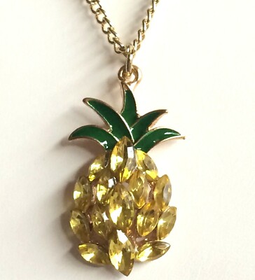 Gold Crystal Pineapple Necklace Pendant 17-20'' Island Yellow Hawaiian Plated USA