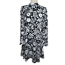 Ann Taylor 14 Floral Mock Neck Fit & Flare Dress Black White Floral Long Sleeve