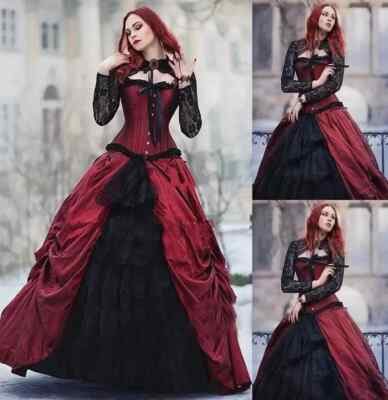 Retro Gothic A-Line Wedding Dresses Black And Red Vampire Medieval Bridal  Gowns | eBay